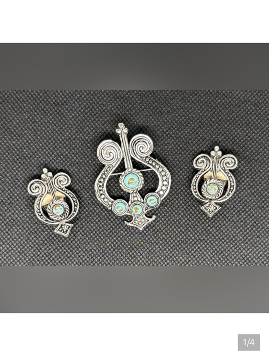 Unsigned Jewelry - Aztec Style Silver Tone Turquoise Inlay Brooch & Clip-On Earring Set